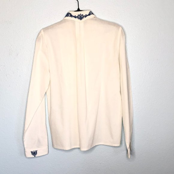 Vintage Gossl Germany Hand Embroidered White Button Down Shirt Blue 38 S - Picture 8 of 8